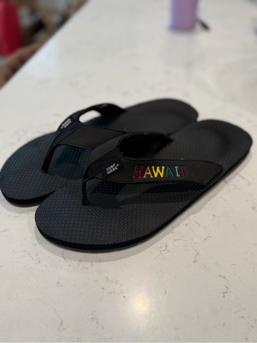 surf style Black Flip Flops with Multicolor "HAWAII" Embroidery